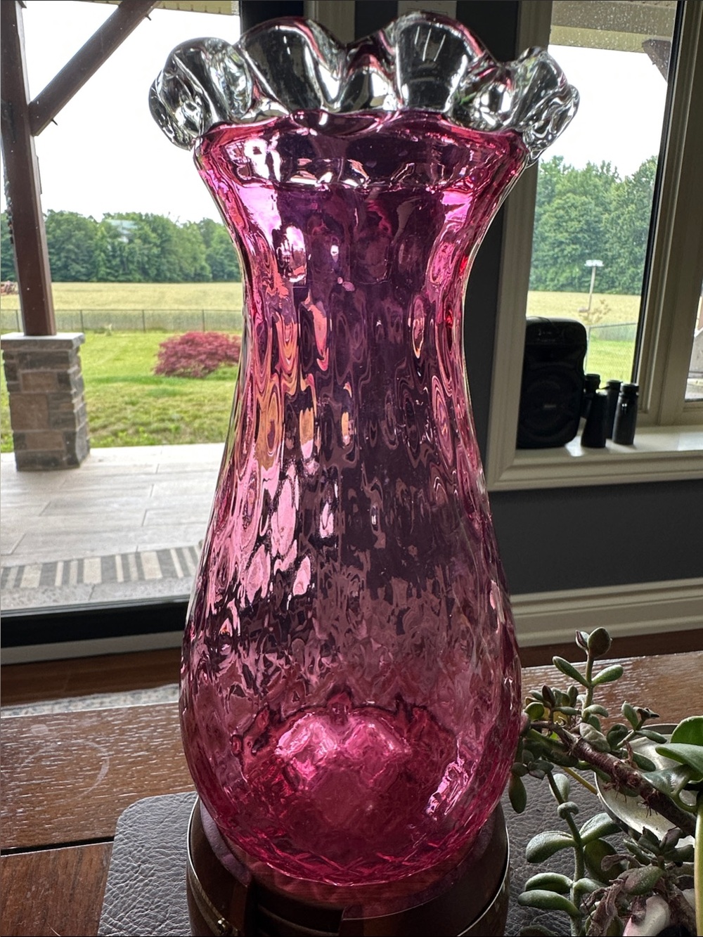 Handblown Cranberry Glass Ruffled Vase - Unbranded